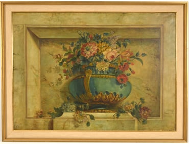 Early 20th Century decorative still life. Unsigned. Classical urn of flowers in a marble grotto. Oil