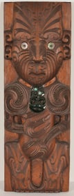 Te Maniatutu. Maori. 20th century carved wooden Mau Tiki Tiki plaque with hi tiki and mother of