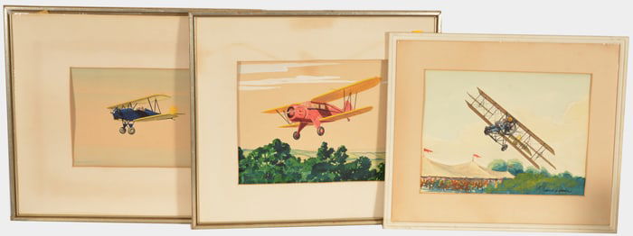 Charles Hermann Hubbell. 3 Aviation images depicting bi-planes. Watercolor on paper. Each signed and