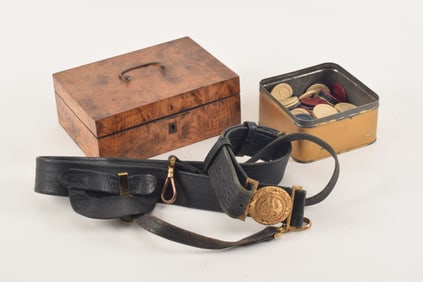 US Navy officer's belt buckle rig, together with an antique walnut document box and a set of