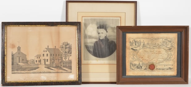 [3] antique works. 1) Timothy Cole signed etching of Mary Baker Eddy. 2) 1806 New York Maritime
