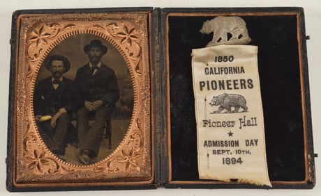 California pioneers gold rush commemorative quarter plate tintype depicting a pair of seated men