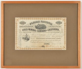 1881 Gold Mining Company of California stock certificate for 100 shares. Framed under glass.