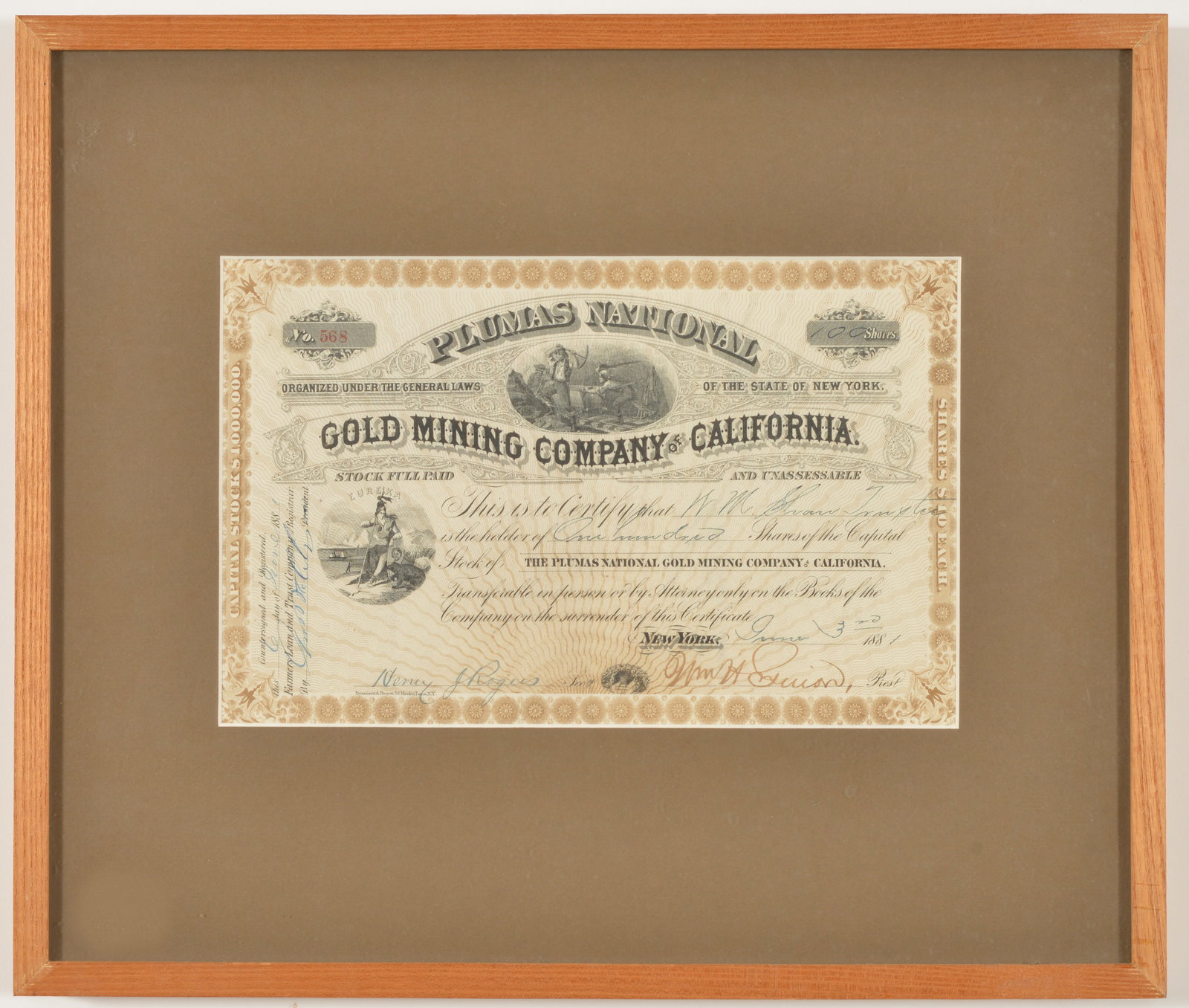 1881 Gold Mining Company of California stock certificate for 100 shares. Framed under glass. (1 of 6)