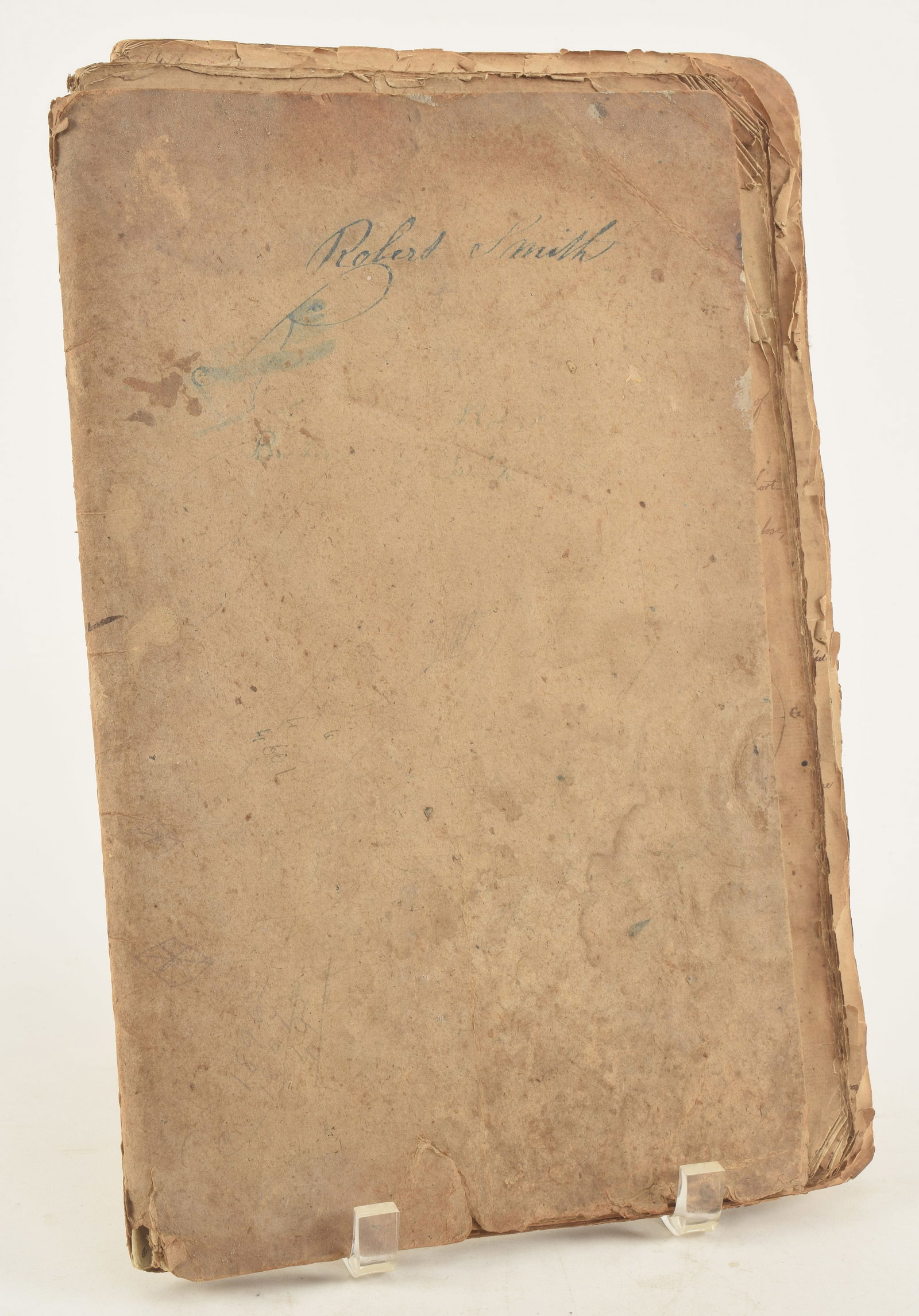 1847 math and geometry manuscript. Owner's name "Robert Smith" and date of 1847 in blue ink on: 1847 math and geometry manuscript. Owner's name "Robert Smith" and date of 1847 in blue ink on inside cover. Numerous pages of text (book completely full) with arithmetic problems, geometric sketches,
