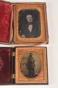 2 antique photographs. 1) Tintype of Union Civil War soldier standing his rifle and fixed bayonet.