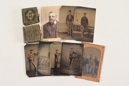 Lot of 19th century photography. To include: 3 tintypes of men with their high wheel or penny