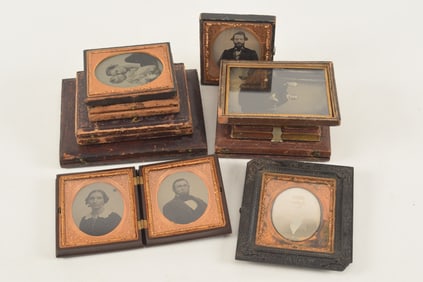 Lot of ambrotype and daguerreotype photographs. To include 6 ambros and 5 dags. Painted, leather,