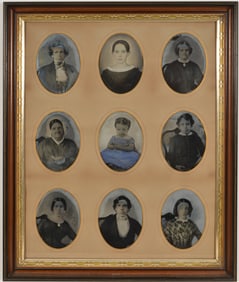 Framed family collection of 9 full plate tintype photographs, some tinted or embellished. Davenport