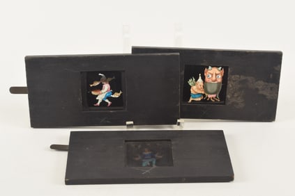 Lot of 3 mechanical magic lantern glass slides. Hand painted decoration of 1) Knife Juggler, 2)