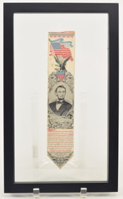 Abraham Lincoln memorial stevengraph silk ribbon. B. B. Tilt & Son. Bottom corners folded back but