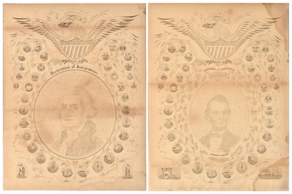 George Washington and Abraham Lincoln 19th century calligraphy portrait lithographs. 1) Declaration