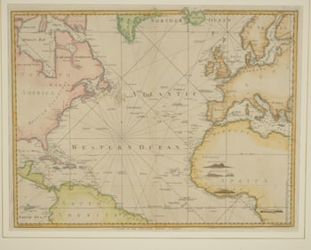 1775 Chart of the Atlantic Ocean. Robert Sayer, London. Engraved and hand colored map. Fold lines.