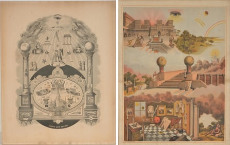 [Freemasonry] Lot of 2 prints. 1) 19th century Masonic chromolithograph. J.H. Buffords Sons lith.
