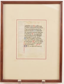 Medieval book of hours manuscript page, ca. 1450. Framed under glass. Sight: 5 1/8 x 3 3/4".