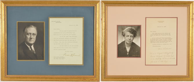 [FDR] Franklin and Eleanor Roosevelt autograph signed letters. 1) Hand signed and typed letter on