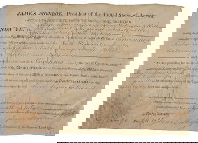 West Union Shaker community, original land deed signed by President James Monroe, July 11th, 1820.