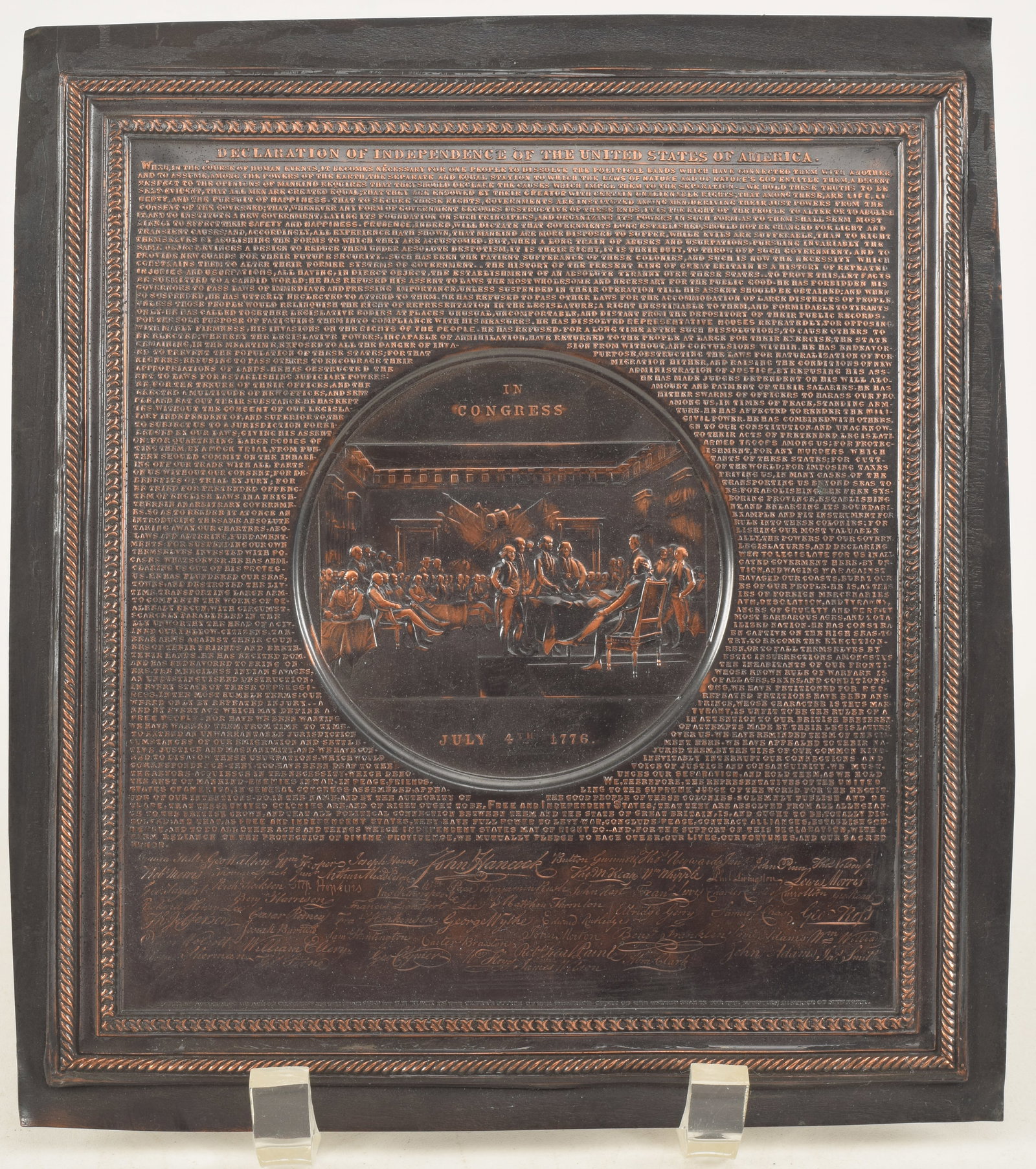 1859 Declaration of Independence embossed copper plaque bearing the full text of the document, scene (1 of 5)