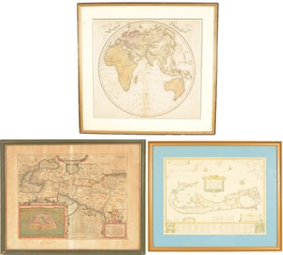 Lot of 3 maps. 1) Mid 19th century Eastern Hemisphere. Hand colored. 2) Antique map "Alexandri Magni