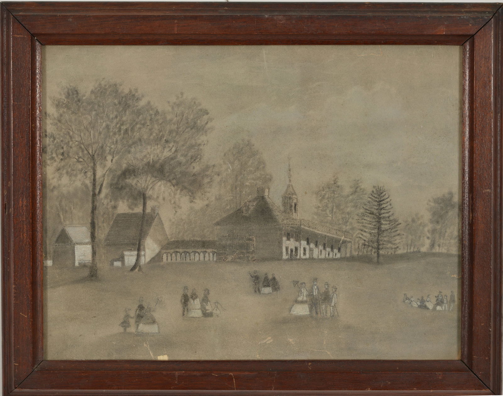 19th century American sandpaper drawing, possibly of Mount Vernon. Figures strolling on the grounds (1 of 7)