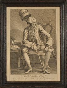 William Hogarth. 1763 "John Wilkes Esq." satirical etching. Plate size: 14 x 9 1/8in. Framed under