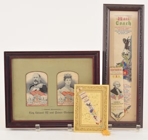 Lot of 4 silk stevengraphs. 1) Centennial Exhbition George Washington commemoration bookmark/ribbon.