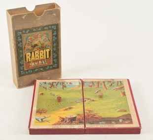 McLaughlin Bros. 1870 Game of Rabbit Hunt. Chromolithograph board game with original board, case,