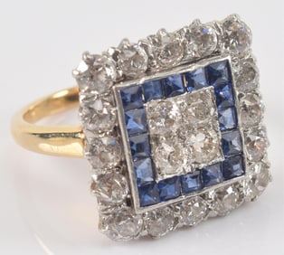 Art Deco 18K gold diamond and sapphire pave square form ring. Square design of of sapphires