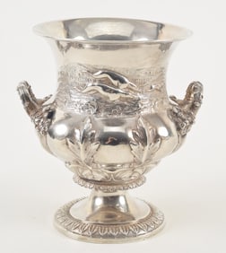 English Georgian sterling silver hunting trophy. Hunt scene with hounds and hare. Floral and fruit