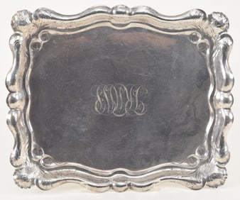 Gorham sterling silver art nouveau hand hammered tray. Raised scalloped edges with floral motif