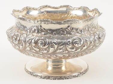 Large ornate Gorham sterling silver repousse punch bowl. Leaf decoration and scalloped rim. 11in