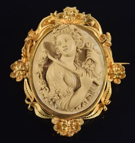 19th century 18K gold lava stone cameo pin. Fine, deep carving of a bucolic peasant woman with grape