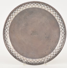 Tiffany & Co. makers sterling silver round tray-dish. Pierced geometric border. 22.8 ozt. 12in