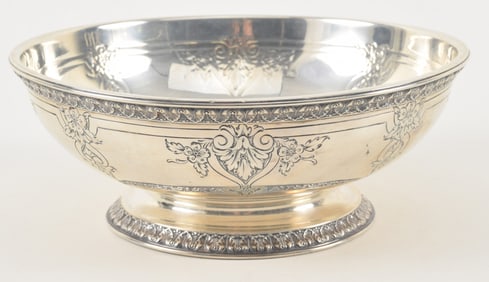 Gorham sterling silver bowl with leaf border and engraved decoration. Small dents in center. 8.75 x