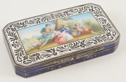 Enameled silver box, late 19th/early 20th century. Blue enamel sides with white borders on top and