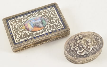 2 silver boxes. 1) 800 silver box with enameled cover and figural street scene. Marked 800 and 8 on