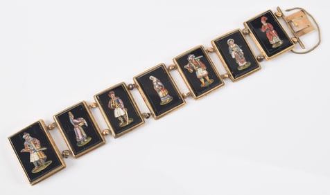 Victorian 14K gold fine micro mosaic bracelet. Composed of 7 cartouches, each with a different