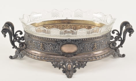 Large Continental silver 2 handle centerpiece with glass insert. Ornate figural mask, cornucopia,