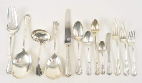 104-piece Dominick & Haff "La Salle" sterling silver flatware set. To include: 12 dinner forks (7.75