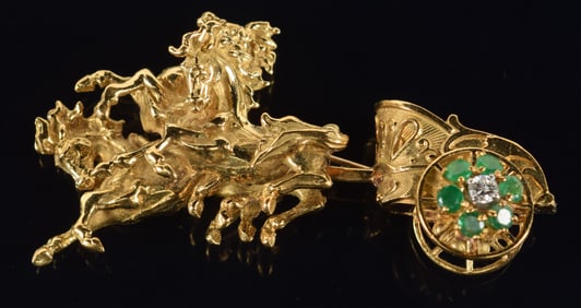 Cartier 18K gold emerald and diamond chariot form pin. Fine quality depiction of a chariot with 3