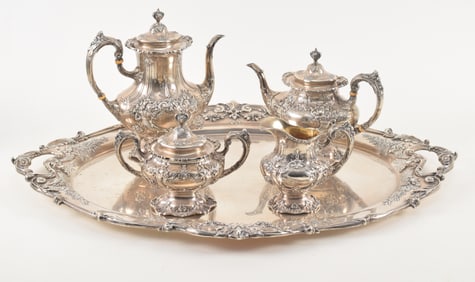 Reed & Barton "Francis I" heavy sterling silver 5-piece hand-chased tea set. Cornucopia decoration.