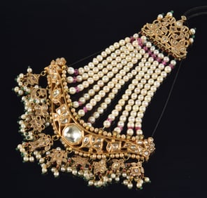 Antique Indian 18K gold Jhoorma with kundun set large solitaire diamond, pearls, rubies and many