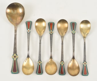 Set of 7 Russian enameled silver spoons. 1 larger spoon, 6 matching. Floral geometric enamel