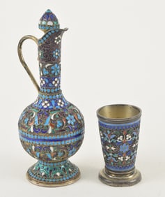 2 piece antique Russian enamel silver. 1) Small ewer with handle and stopper. Marked on base with