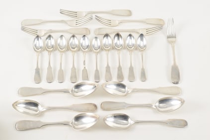 22-piece antique Russian silver flatware. 6 large spoons, 6 large forks, 10 teaspoons. .84 mark with