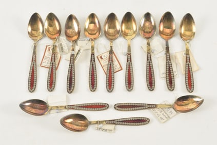 Set of 12 Russian red enamel silver spoons. .916 mark and info on tags. 4.5in long. 6.7 ozt.