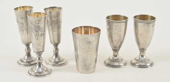 6 Russian silver cups. 1) 3 tall matching with engraved decoration and .875 and maker's marks on top