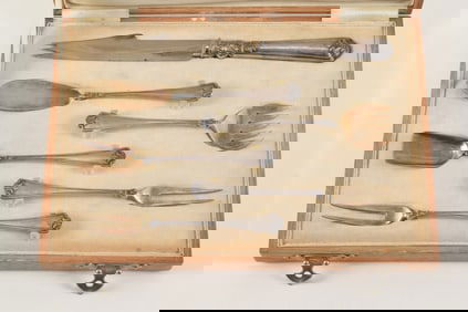 6 piece Russian silver cased flatware set. .84 mark with A.K. maker's mark. 5.7 ozt without knife