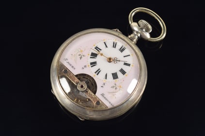 Hebdomas French 8-Day silver pocket watch. Visible escapement. Pink and white dial, Roman numerals,