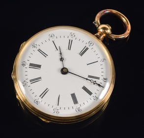 18K gold Dubois Geneve Swiss enamel decorated open face pocket watch. Roman numeral hours, with